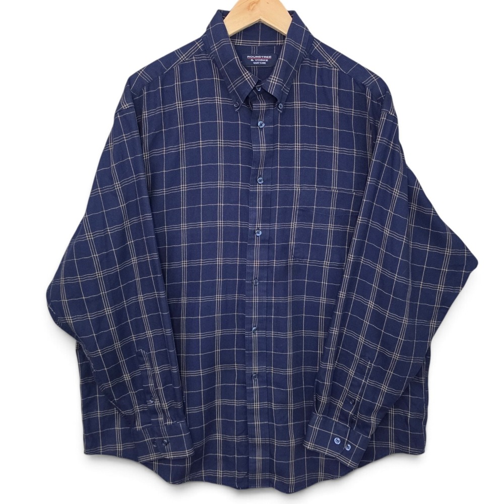 Roundtree & Yorke Mens Shirt Size XL Navy Blue Button Up Easy Care Casual